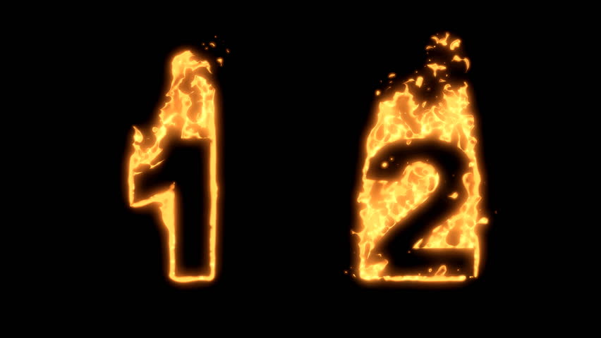 Flaming Alphabet. Numbers 1 and 2 bursting into flames. Part of a series an alphabet, numbers and other characters.
