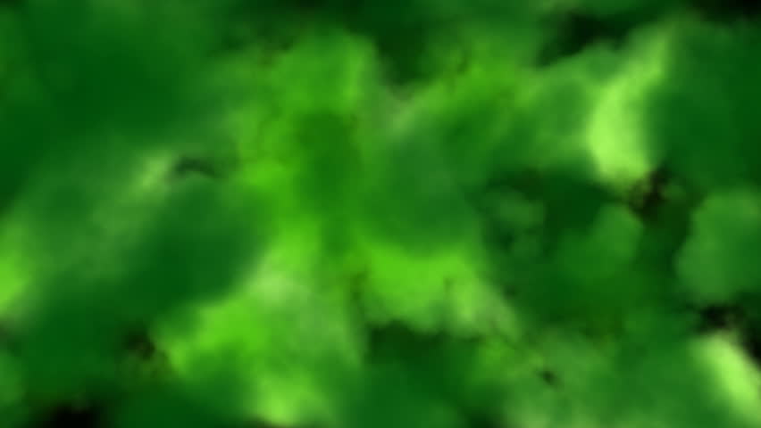 Green colors, cloud-like forms changing shape and moving.