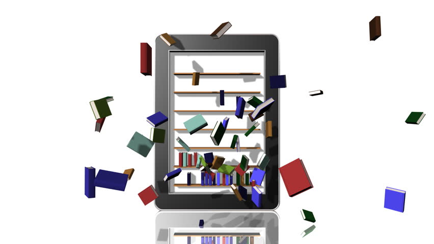 A tablet style computer filling up with books.