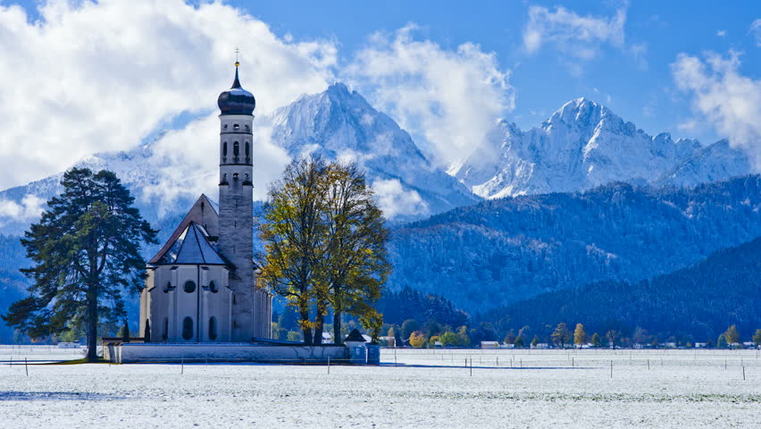 St. Coleman's Church with snowcapped mountain in background, Schwangau, Germany