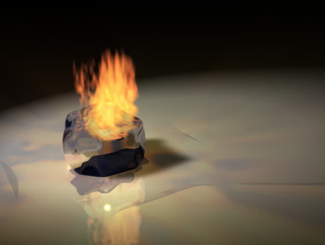 Computer-generated animated flame melting an ice cube (concept: opposites)