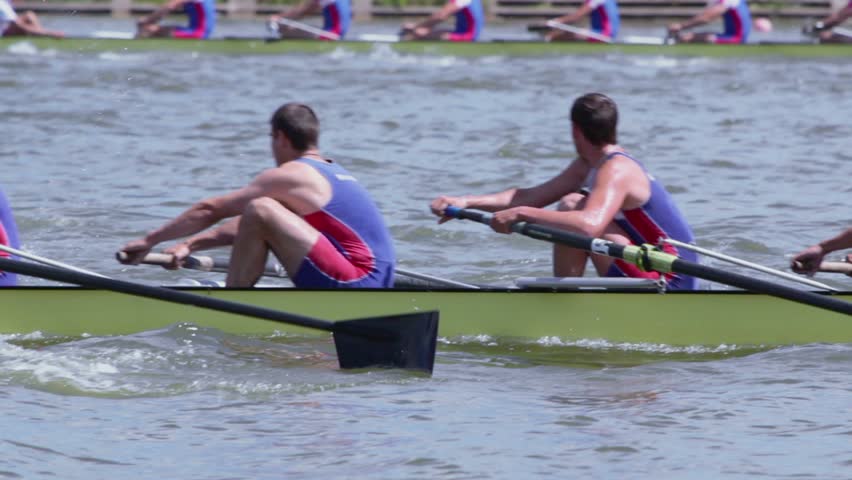 MOSCOW - JUNE 4: Men teams row in kayak during competition at 50th Anniversary Grand Moscow Regatta on rowing channel Krylatskoye on June 4, 2011 Moscow, Russia.