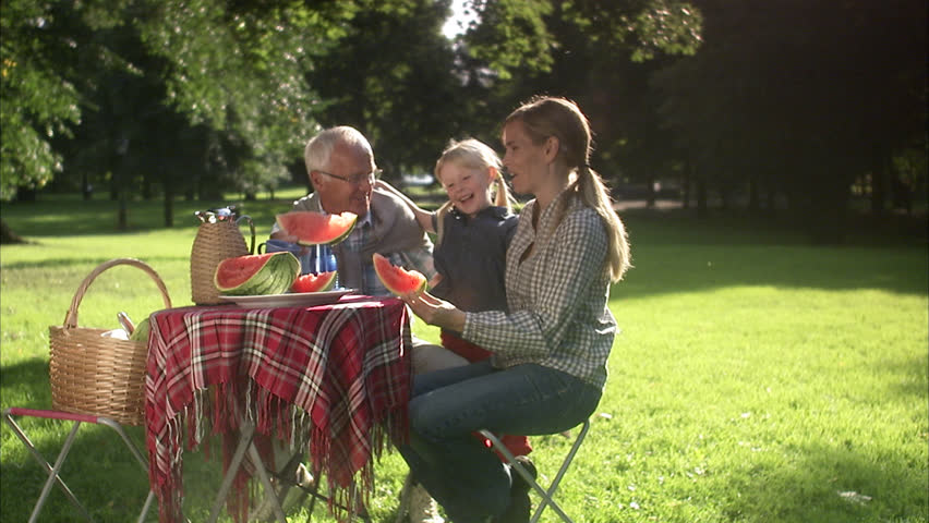 Senior man, woman and girl having a picnic