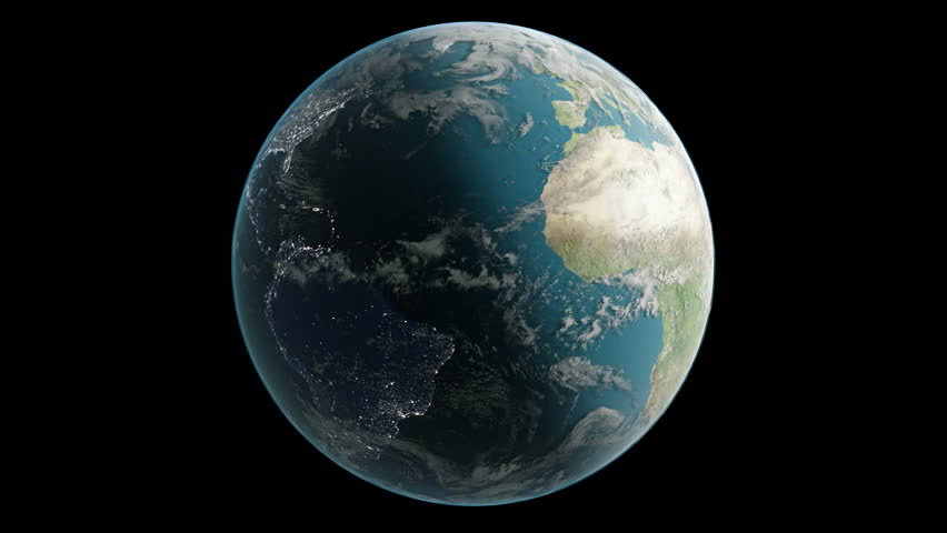 Clip of a rotating Earth with transition from day to night. Perfect loop in HD1080i. Very detailed animation with clouds and mountains casting realistic shadows. 