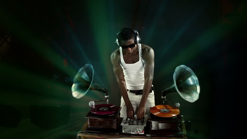 super cool guy djs with retro gramophones. original concept clip