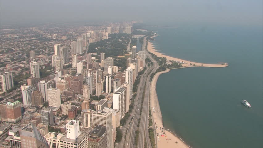 Aerial view of Lincoln Park and Lake Michigan with the Lakeshore Drive in Chicago