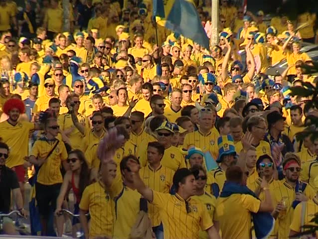 KIEV, UKRAINE - JUNE 11: Swedish fans celebrate the UEFA European Football Championship on June 11, 2012 in Kiev, Ukraine.