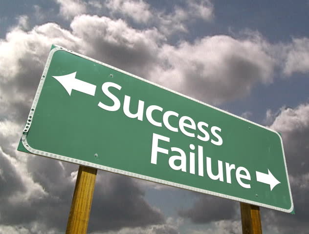 Success, Failure Road Sign with Dramatic Time-Lapse Clouds