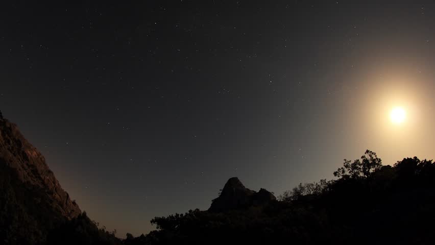 Time lapse of the night sky with clouds and stars passing by behind mountain. Noviy Svet, Crimea, Ukraine
