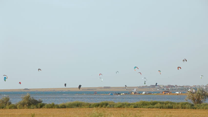 People practicing paragliding sport above the sea on a sunny day.