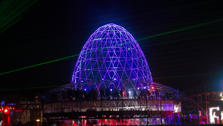 YEVPATORIA, CRIMEA - CIRCA AUGUST 2012: Dance cupola at the annual music festival Kazantip 2012, circa August in Yevpatoria. Time lapse.