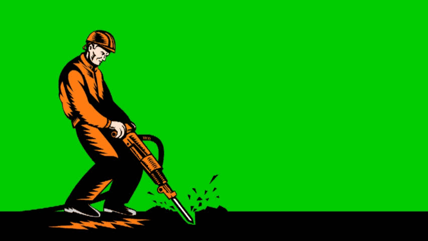 construction worker drilling with jack hammer retro style 2d animation