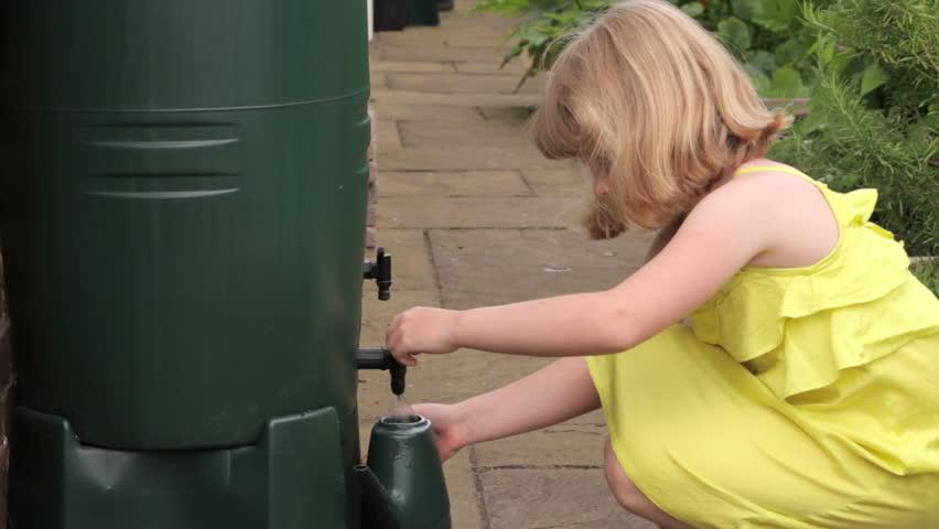 9 year old caucasian girl in Summer dress fills green watering can from water butt or rain barrel at side of house