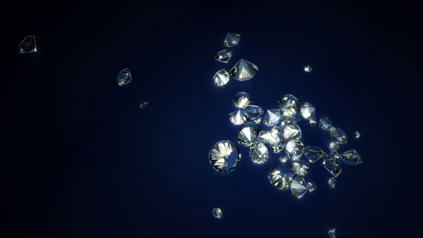 Shiny 3D Diamonds falling on a dark blue surface