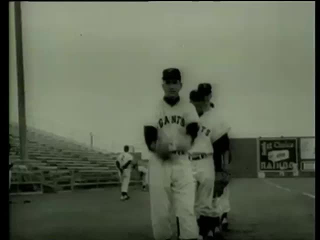 San Francisco Giants baseball pitchers Johnny Antonelli and Ruben Gomez warm up in Milwaukee County Stadium, Florida circa 1958-MGM PICTURES, UNIVERSAL-INTERNATIONAL NEWSREEL, USA, filmed in 1958