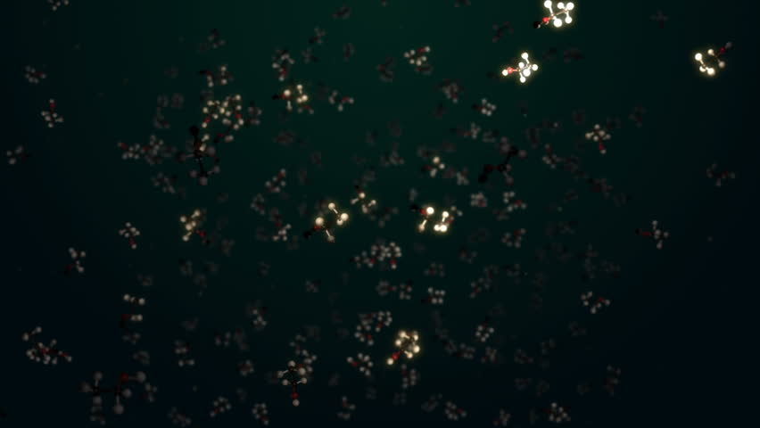 Ethanol or alcohol molecules showing molecular structure and atoms and chemical bonds spinning and moving with 1 molecule highlighted and labelled Ethanol that rotates toward camera in 3D animation