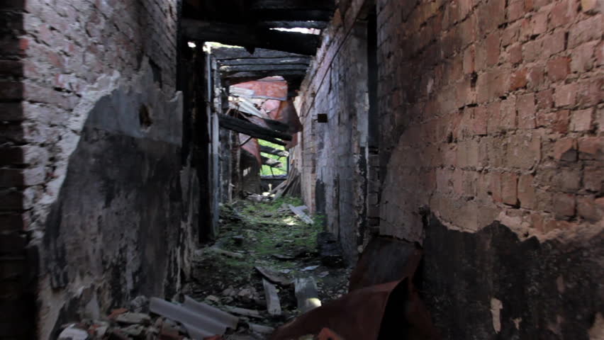 Corridor of the destroyed house.Stabilized camera