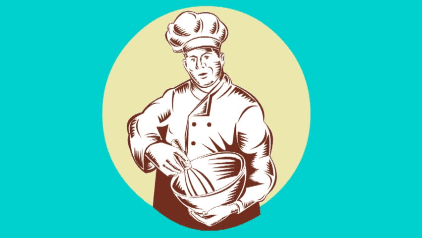 2d animation of a baker chef cook with mixing bowl set inside oval done in retro woodcut style.