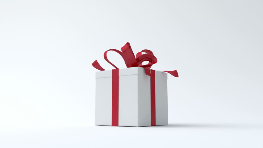 White gift box with red ribbon opening. Include alpha channel and color channel to key individual elements and tracking