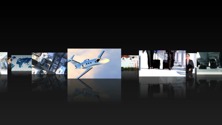 Montage 3D fly through view featuring corporate transport by successful multi ethnic groups of business people