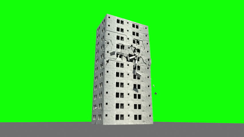 Concrete Building Collapse with alpha channel and green background. Camera close to the ground