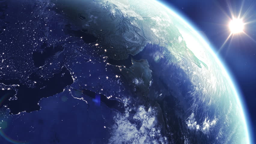 Earth rotation with the Sun. 360 degrees. Night and Day. Looped animation. HD 1080.