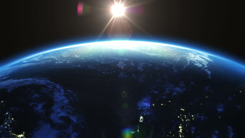 Earth rotation 360 degrees with the Sun. Cities at Night. Looped animation. HD 1080.