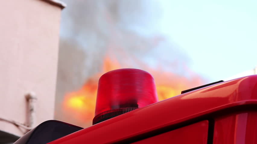 fire burning and siren in wooden house