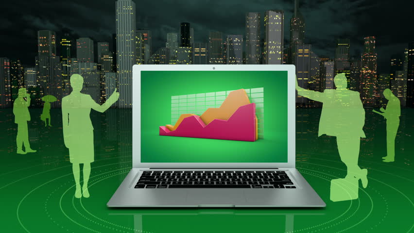 Camera zooms out to reveal a growing business chart on laptop screen. Silhouettes of anonymous business people surround the laptop. City buildings in the background.