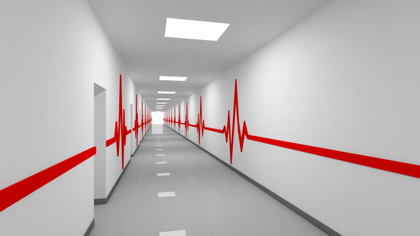 Driving through abstract white hospital corridor with doors, red pulse lines on walls and glowing end. 3d animation.