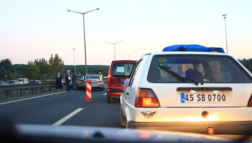 ISTANBUL - OCT 26: Car accident on TEM highway on October 26, 2012 in Istanbul. Police investigate two cars crash on Trans-European Motorway (TEM) traffic.
