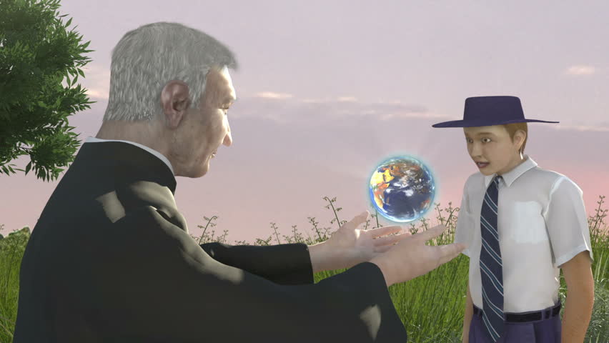 Elderly teacher man offering guidance and wisdom to young school boy walking through field beauty nature with light rays symbolic passing of knowledge through spinning glowing globe world in hands