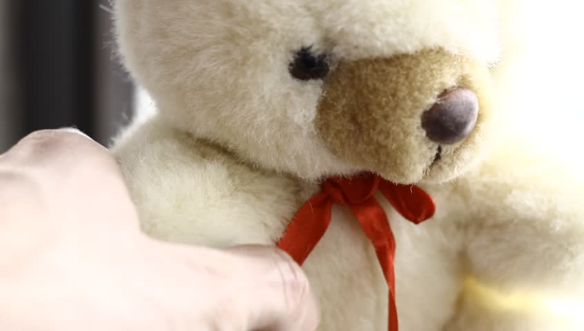 Hand puts teddy bear near the window.
