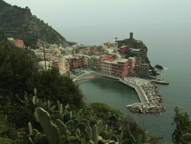 Beautiful Italian Riviera town of Vernazza from a walking trail.