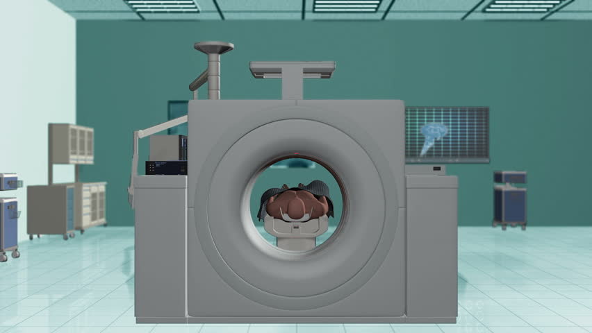 MRI Hospital, Camera Fly Through and stop on Brain Scan, Alpha