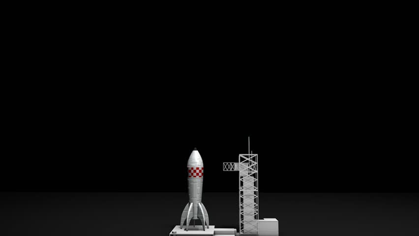 Toy-like rocket blasting off from launch pad. Matte included.