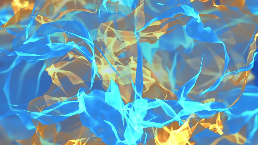 Ethereal blue and orange motion flames against black background.
