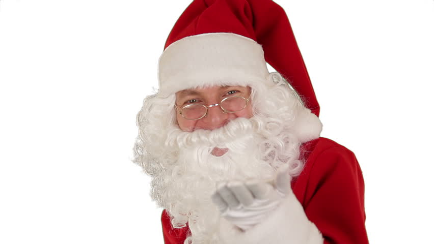 Santa Claus Presenting a White Sheet then sending a Kiss and saying Bye Bye, white