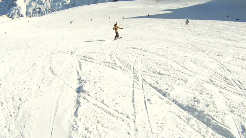 GoPro Winter sports,Snowboarding downhill with sunny conditions