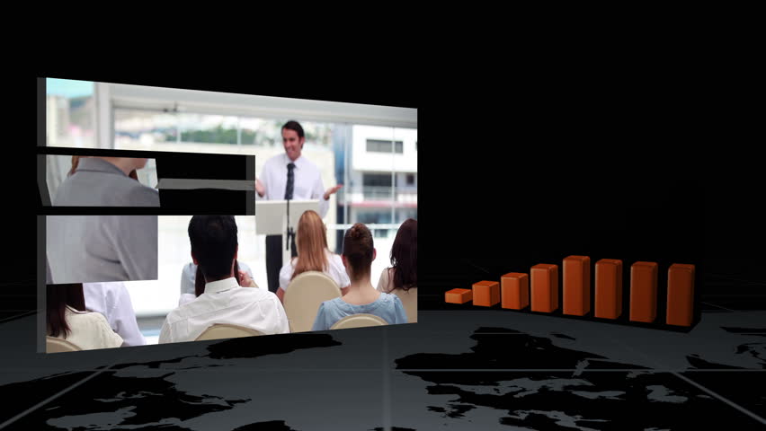 Videos of business next to statistic animation against black background