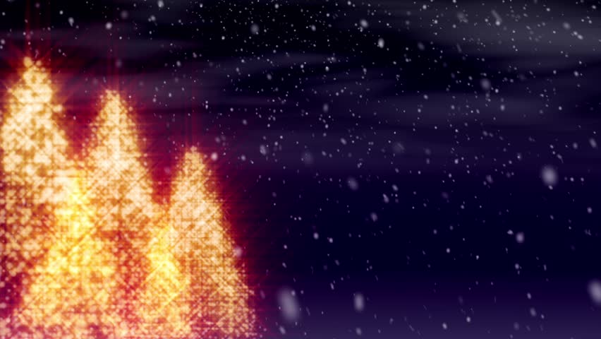 Perfectly seamless (no fade) loop features gleaming Christmas trees with snow flurries falling against a night sky with subtly moving clouds.