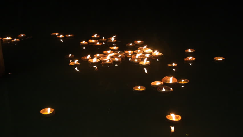 Thai people float on water a small rafts (Krathong) to celebrate the Loykrathong Festival Day