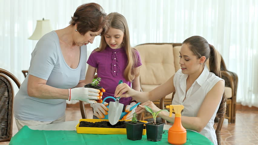 Grandma and her granddaughters replanting sprouts from pots to a larger container
