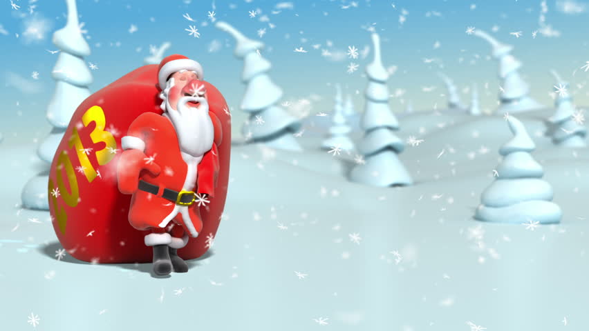 Santa Claus with big bag. 3d animation.