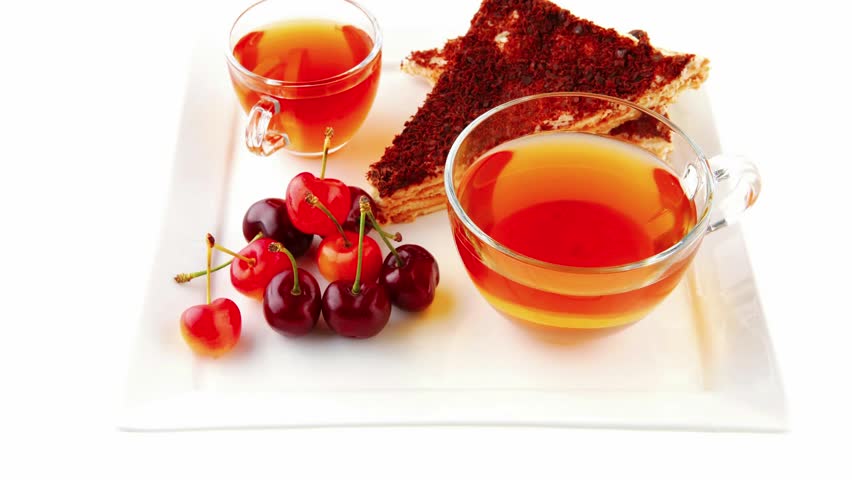 chocolate cakes with tea and cherry