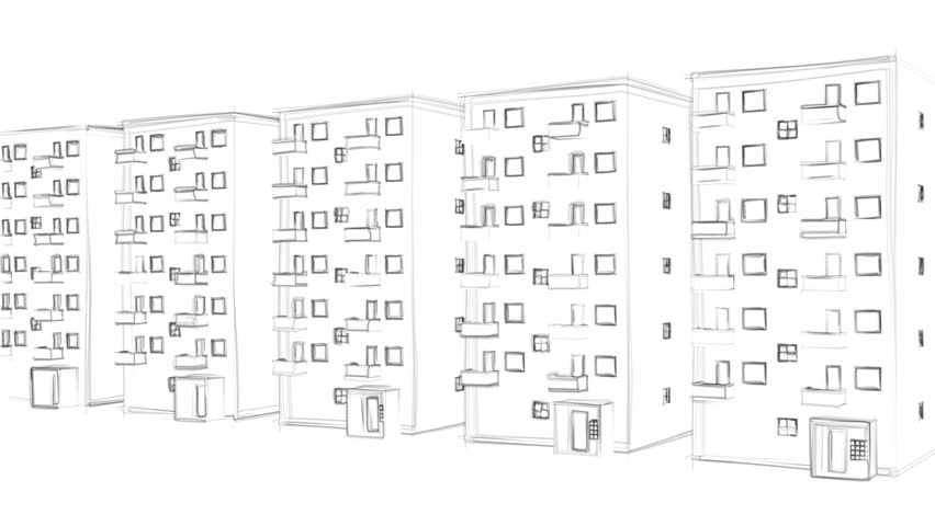 Animated Line Drawing Of An Apartment Complex On White Background (FULL