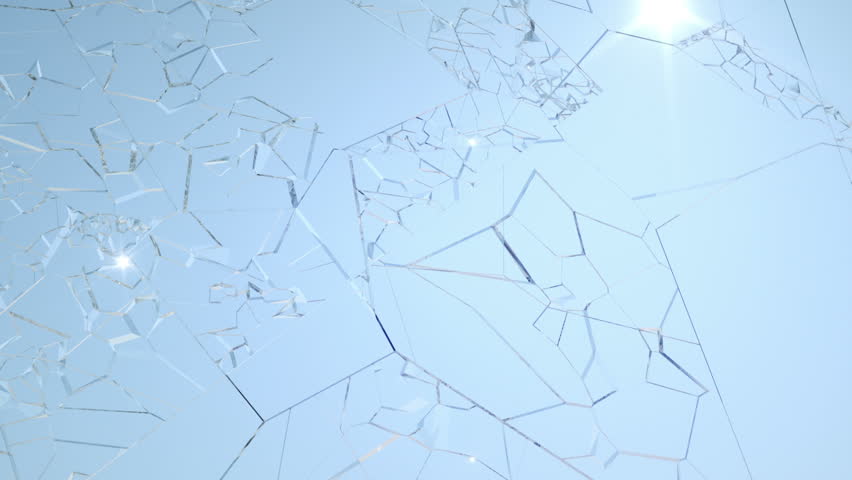 Shattered window glass with slow motion and blue sky. Alpha is included