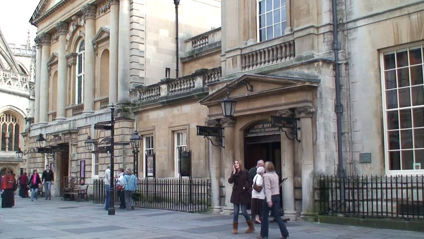 BATH, SOMERSET, UNITED KINGDOM - CIRCA 2011: Pan of Roman Baths Building and Bath Cathedral
