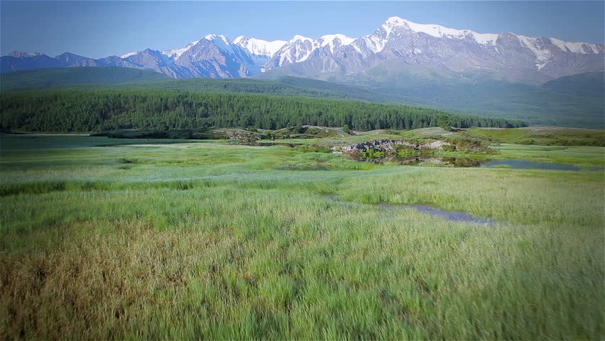 flight over mountain lake Siberia Altai