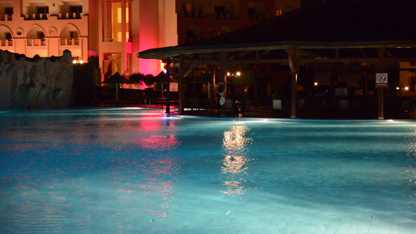 The swimming pool at luxury hotel in night illumination, Hurghada, Egypt